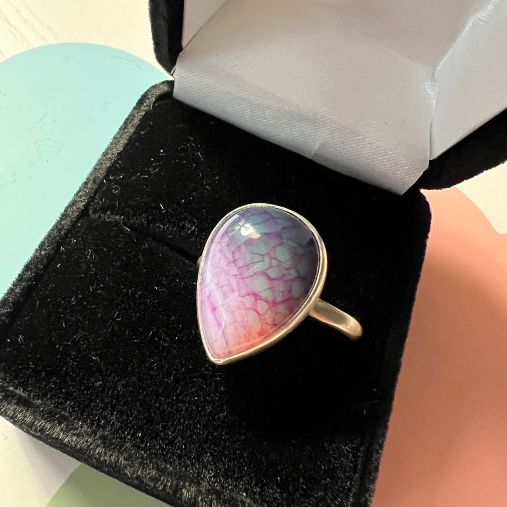 Purple Pink White Dragon Agate Teardrop Ring